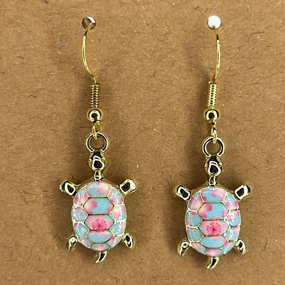 18k Gold Platted Floral Turtle Dangle Earrings Fashion Jewelry - Picture 4 of 4